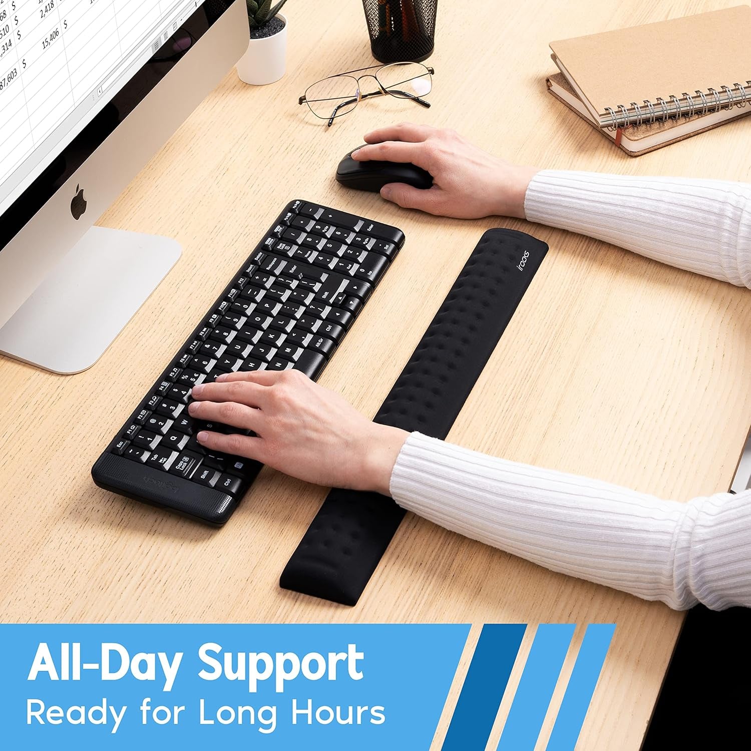 Memory Foam Keyboard Wrist Rest - Pain-Reducing, Non-Slip Rubber Base Wrists Rest Support - Cooling Ergonomic Laptop & Computer Keyboard Pad for Long Hours of Work, Studying, Gaming - Black